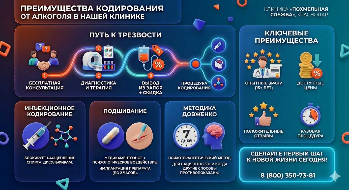 Инфографика о методах кодирования от алкоголя в Бакале: инъекции, подшивание, метод Довженко. Преимущества клиники и этапы лечения.